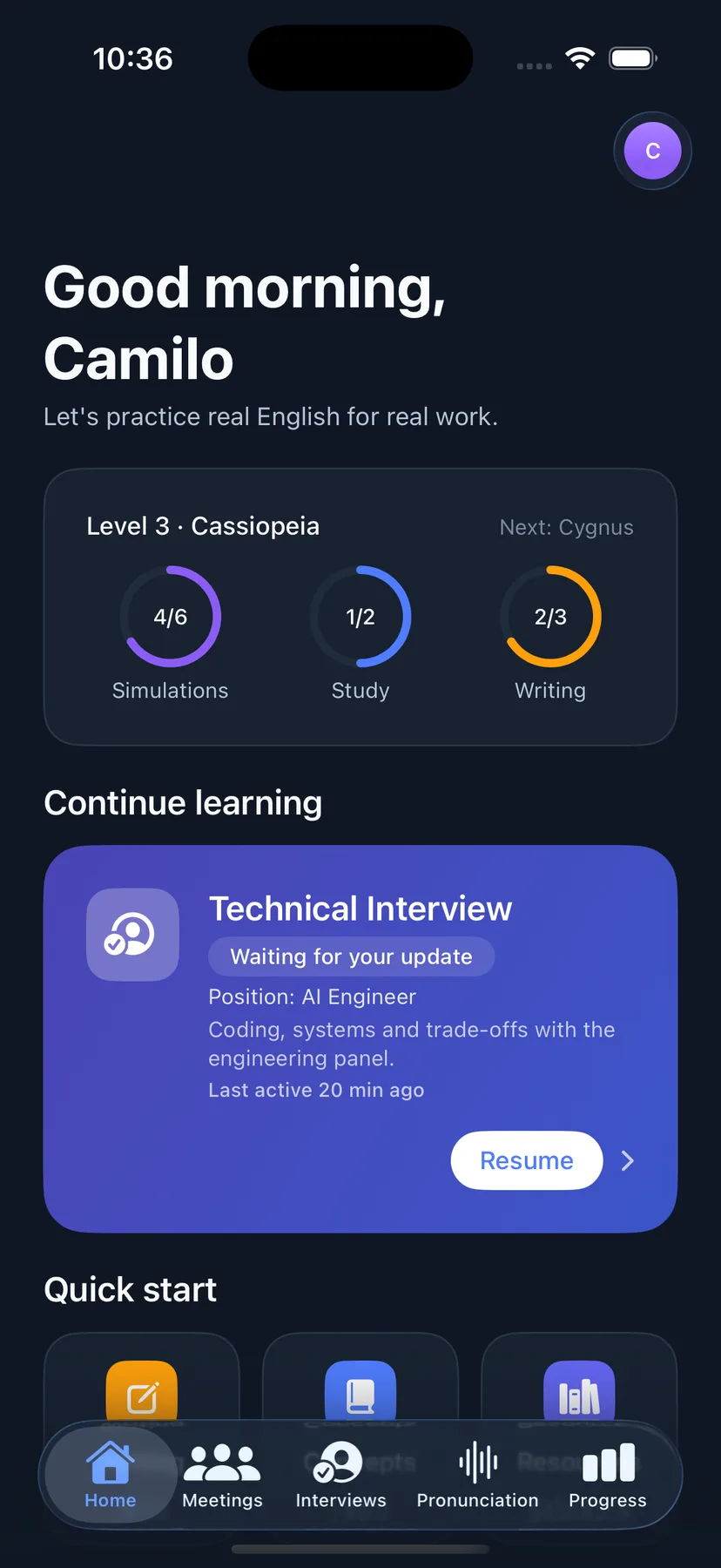 Sayble Home on iPhone — constellation level with three activity rings